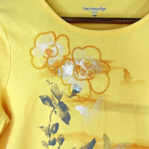 Breckenridge Yellow Floral Butterfly Sequin Shirt Top 3/4 inch Sleeves Sz PM - Picture 3 of 12